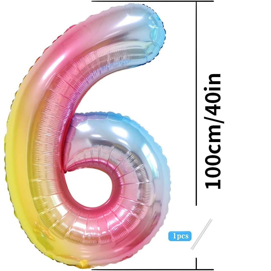Balon Aniversar Cifra 6, Figurina Gigant 100 cm, Efect Metalizat Gradient, Folie Aluminiu, Umflare Aer sau Heliu, Multicolor