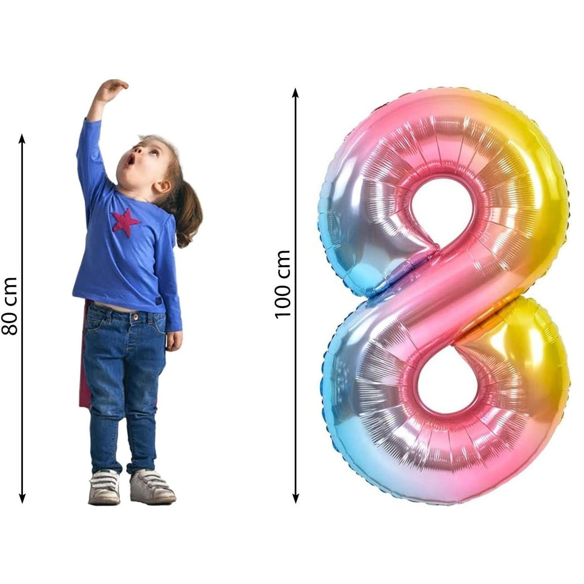 Balon Aniversar Cifra 8, Figurina din Folie Metalizata Gradient, Umflare Aer sau Heliu, Inaltime 100 cm, Pai Inclus, Multicolor