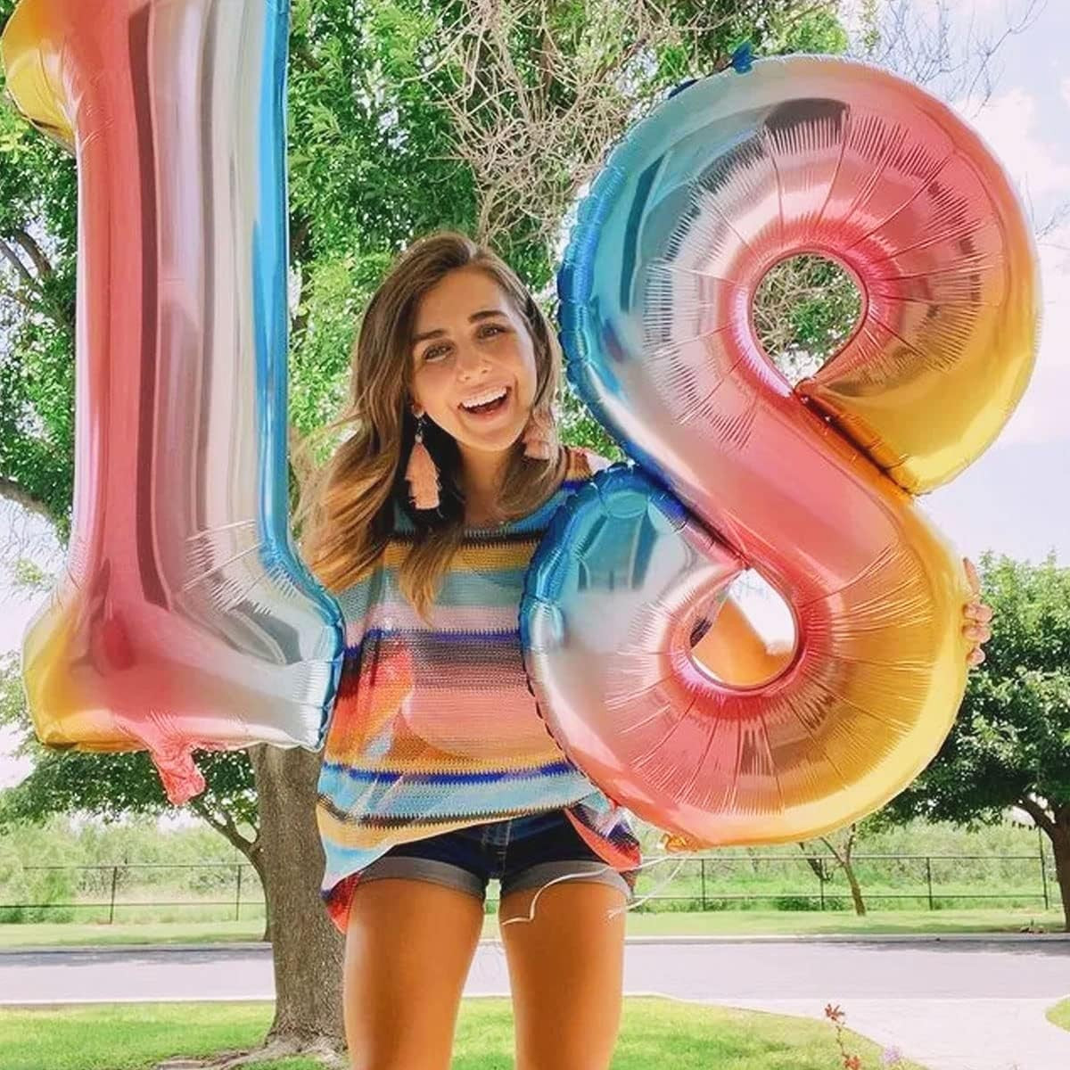 Balon Aniversar Cifra 8, Figurina din Folie Metalizata Gradient, Umflare Aer sau Heliu, Inaltime 100 cm, Pai Inclus, Multicolor