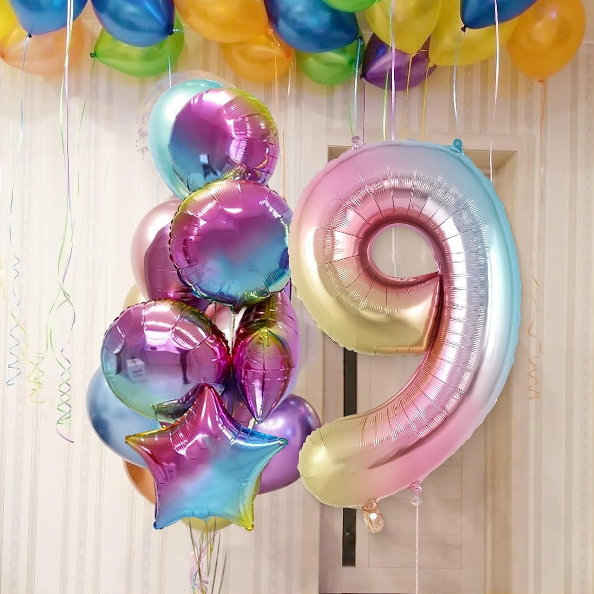 Balon Aniversar Cifra 9, Figurina Gigant Tema Party, Folie Metalizata Gradient, Umflare Aer sau Heliu, 100 cm, Multicolor