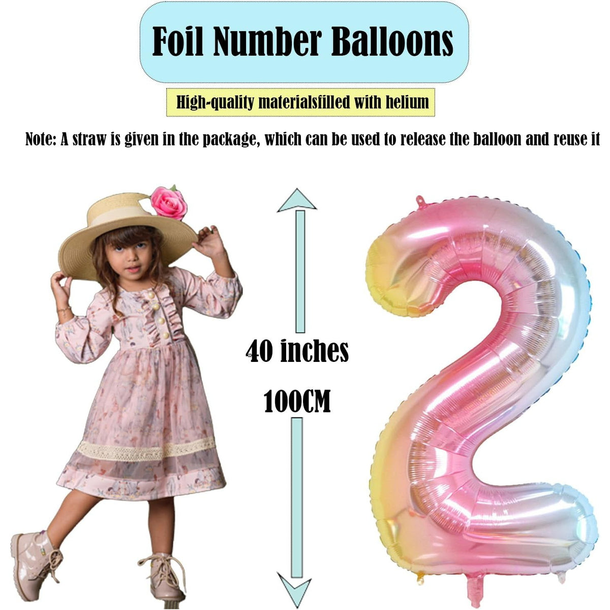 Balon Aniversar Cifra 2, Figurina Gigant din Folie Metalizata Gradient, Umflare cu Aer sau Heliu, Inaltime 100 cm, Multicolor, Pai Inclus