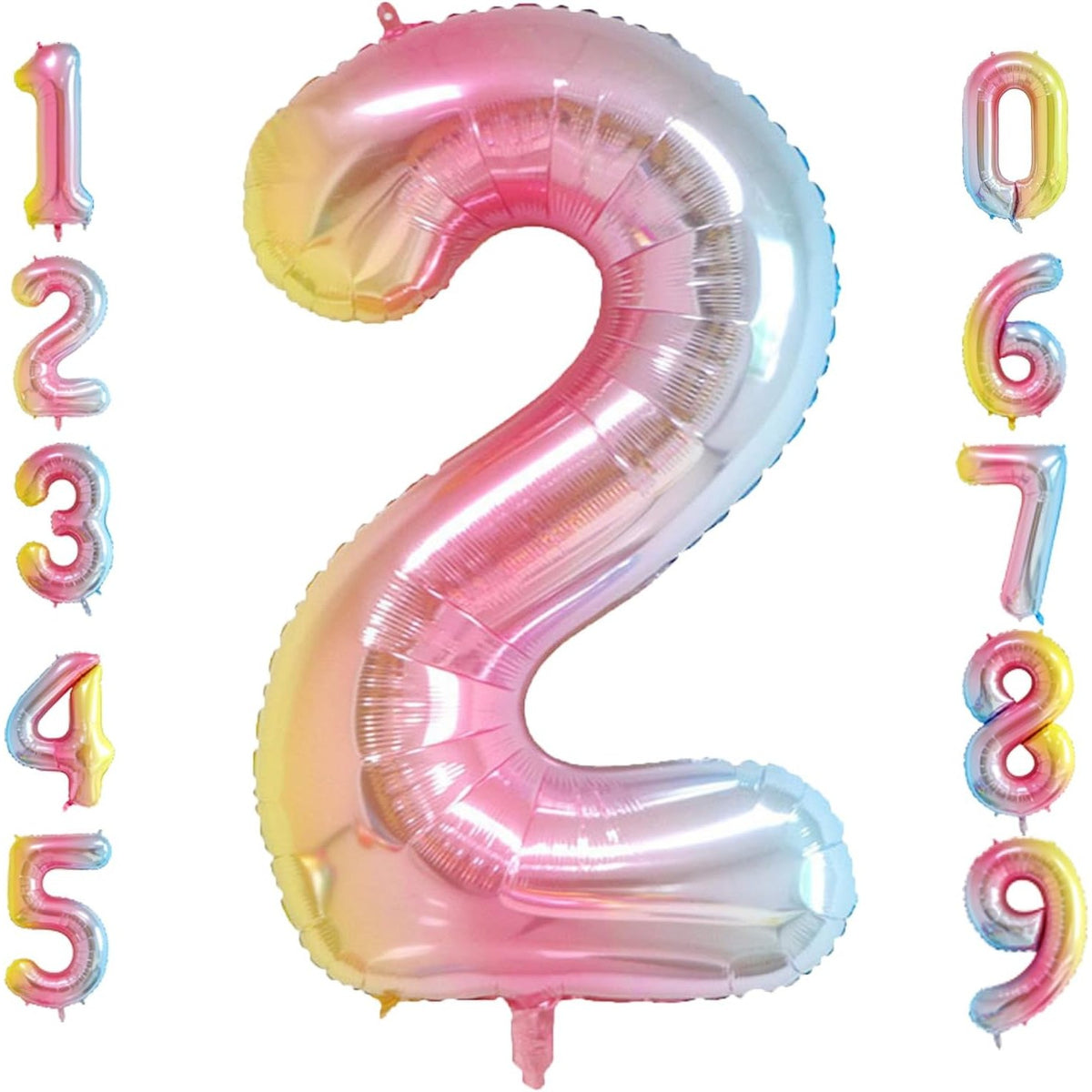 Balon Aniversar Cifra 2, Figurina Gigant din Folie Metalizata Gradient, Umflare cu Aer sau Heliu, Inaltime 100 cm, Multicolor, Pai Inclus