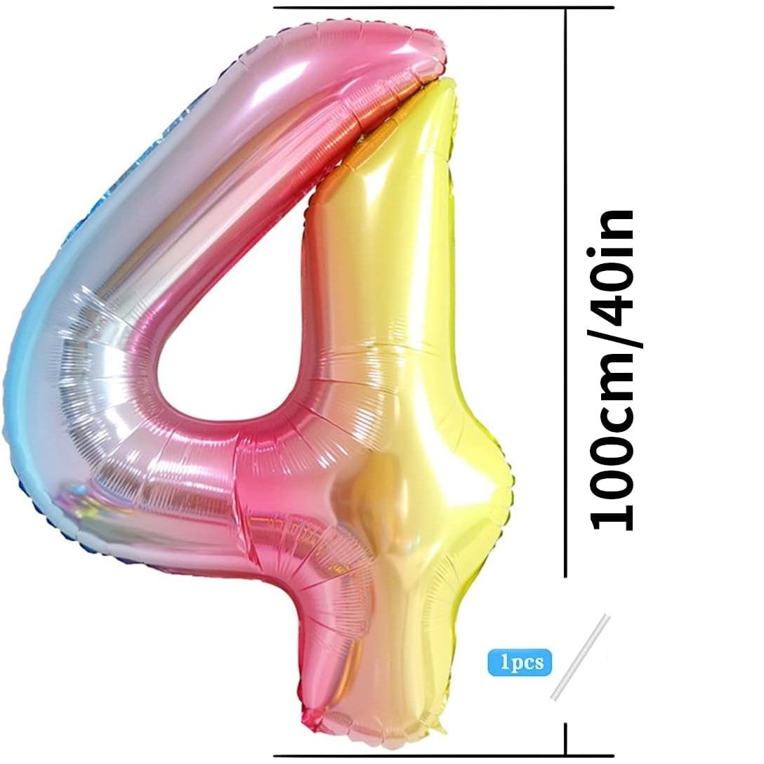 Balon Figurina Cifra 4, Balon Aniversar din Folie Metalizata Gradient, Umflare cu Aer sau Heliu, Include Pai, Inaltime 100 cm, Multicolor