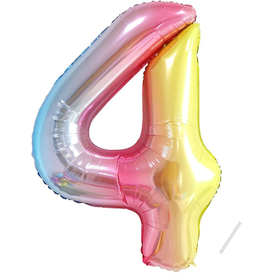 Balon Figurina Cifra 4, Balon Aniversar din Folie Metalizata Gradient, Umflare cu Aer sau Heliu, Include Pai, Inaltime 100 cm, Multicolor