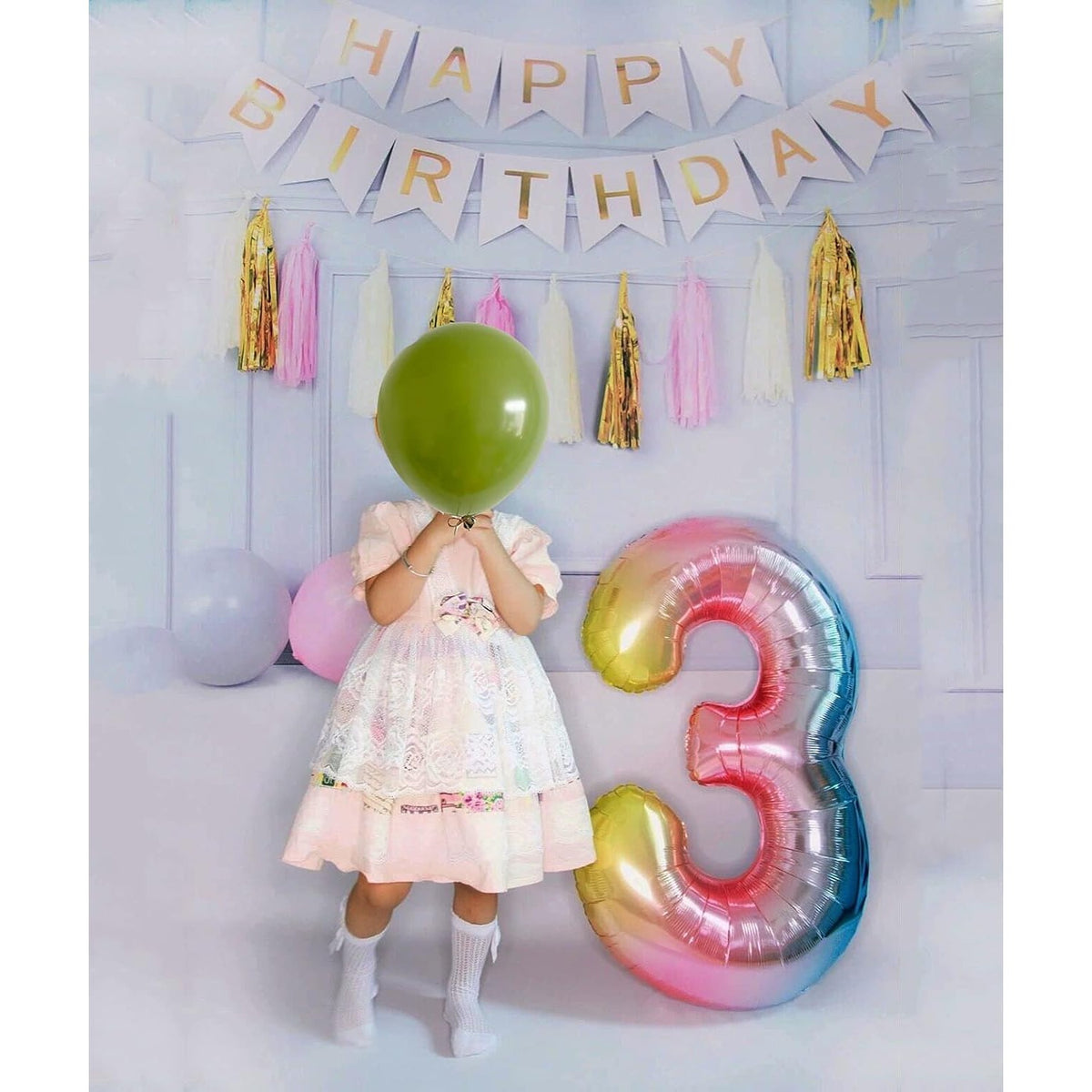 Balon Aniversar Cifra 3, Figurina Gigant din Folie Metalizata Gradient, Umflare Aer sau Heliu, Pai Inclus, 100 cm, Multicolor