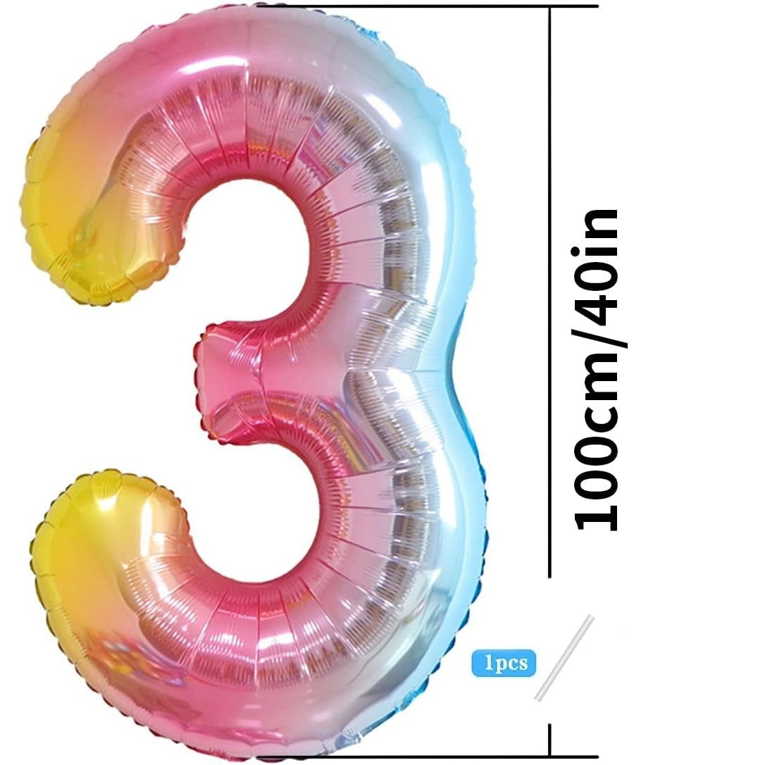 Balon Aniversar Cifra 3, Figurina Gigant din Folie Metalizata Gradient, Umflare Aer sau Heliu, Pai Inclus, 100 cm, Multicolor