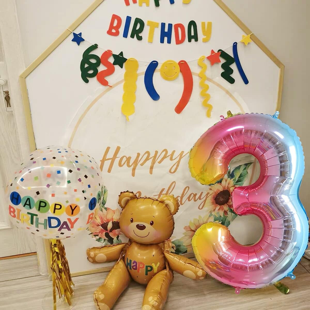 Balon Aniversar Cifra 3, Figurina Gigant din Folie Metalizata Gradient, Umflare Aer sau Heliu, Pai Inclus, 100 cm, Multicolor