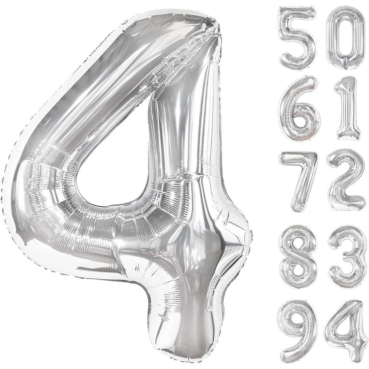 Balon Aniversar Cifra 4, Figurina Gigant din Folie Metalizata, Umflare Aer sau Heliu, Inclus Pai pentru Umflare, Argintiu, 100 cm
