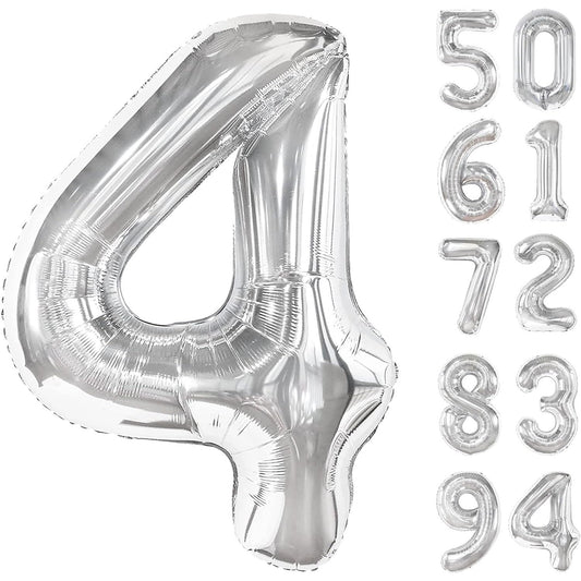 Balon Aniversar Cifra 4, Figurina Gigant din Folie Metalizata, Umflare Aer sau Heliu, Inclus Pai pentru Umflare, Argintiu, 100 cm