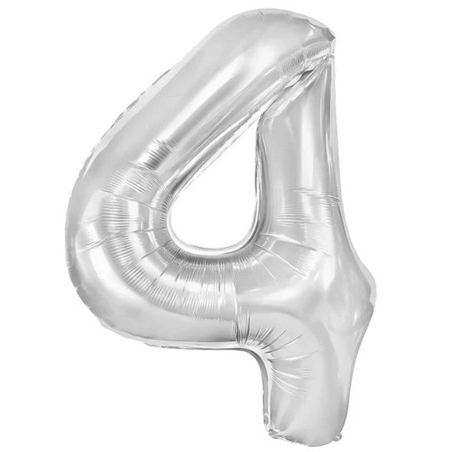 Balon Aniversar Cifra 4, Figurina Gigant din Folie Metalizata, Umflare Aer sau Heliu, Inclus Pai pentru Umflare, Argintiu, 100 cm