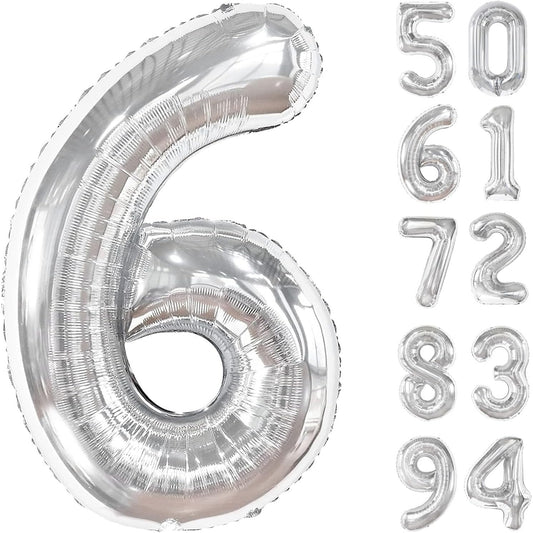 Balon Aniversar Cifra 6, Figurina Gigant din Folie de Aluminiu, Umflare Aer sau Heliu, Pai Inclus, Argintiu, 100 cm