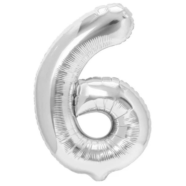 Balon Aniversar Cifra 6, Figurina Gigant din Folie de Aluminiu, Umflare Aer sau Heliu, Pai Inclus, Argintiu, 100 cm
