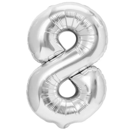 Balon Aniversar Cifra 8, Figurina din Folie Metalizata, Umflare cu Aer sau Heliu, Include Pai de Umflare, Argintiu, 100 cm