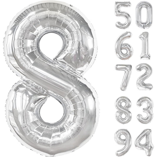 Balon Aniversar Cifra 8, Figurina din Folie Metalizata, Umflare cu Aer sau Heliu, Include Pai de Umflare, Argintiu, 100 cm