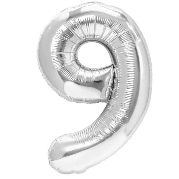 Balon Aniversar Cifra 9, Figurina Gigant din Folie Metalizata, Umflare Aer sau Heliu, include Pai, Argintiu, 100 cm