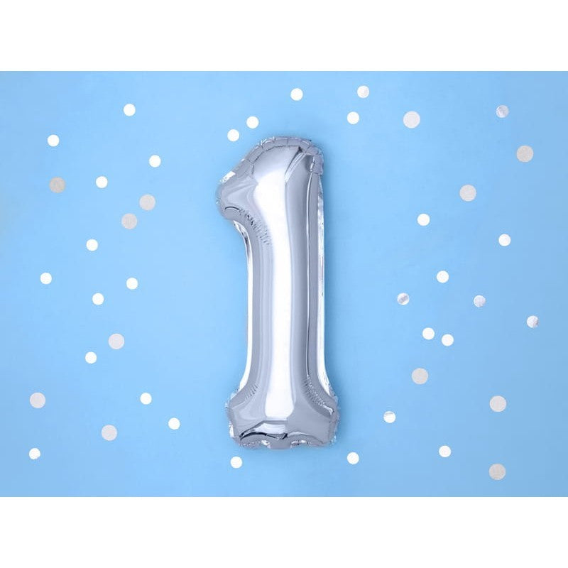 Balon Aniversar Cifra 1, Figurina Din Folie Metalizata, Umflare Aer Sau Heliu, Include Pai, Argintiu, 100 cm