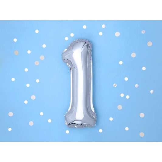 Balon Aniversar Cifra 1, Figurina Din Folie Metalizata, Umflare Aer Sau Heliu, Include Pai, Argintiu, 100 cm