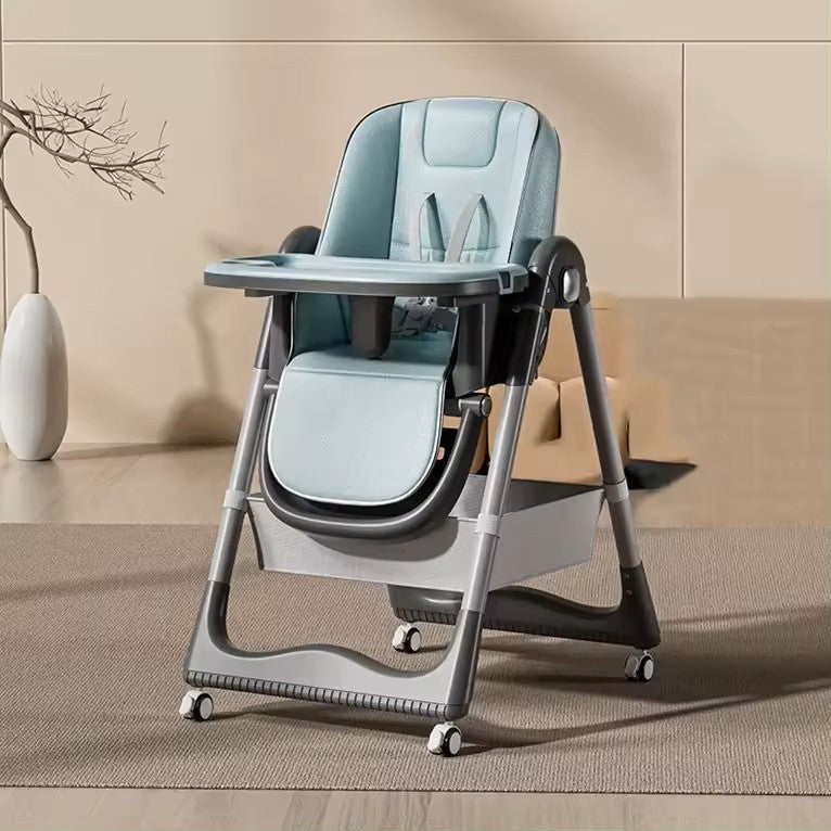 Scaun de Masa pentru Bebelusi si Copii 3 in 1, Multifunctional, Spatar si Inaltime Reglabil, Pliabil cu Roti, 2 Tavite Detașabile, Centura in 5 Puncte, Cos Depozitare, 100x50x80cm, Albastru