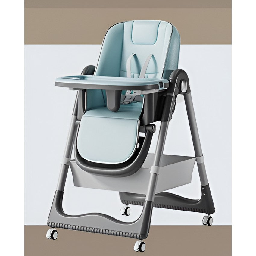 Scaun de Masa pentru Bebelusi si Copii 3 in 1, Multifunctional, Spatar si Inaltime Reglabil, Pliabil cu Roti, 2 Tavite Detașabile, Centura in 5 Puncte, Cos Depozitare, 100x50x80cm, Albastru