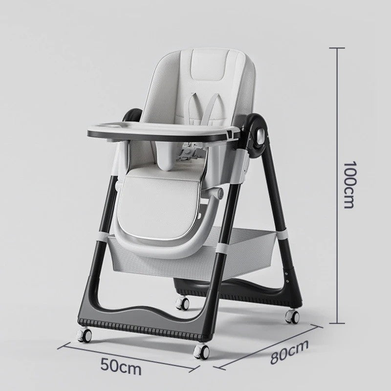 Scaun de Masa pentru Bebelusi si Copii 3 in 1, Multifunctional, Pliabil cu Roti, Inaltime Ajustabila, 2 Tavite Detasabile, Spatar Reglabil, Cos Depozitare, Centura 5 Puncte, 100x50x80 cm, Alb
