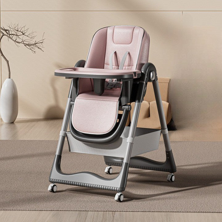 Scaun de Masa pentru Bebelusi si Copii, Multifunctional 3 in 1, Inaltime Ajustabila in 8 Trepte, Spatar Reglabil, Pliabil cu Roti, 2 Tavite si Cos Depozitare, 100x50x80cm, Roz