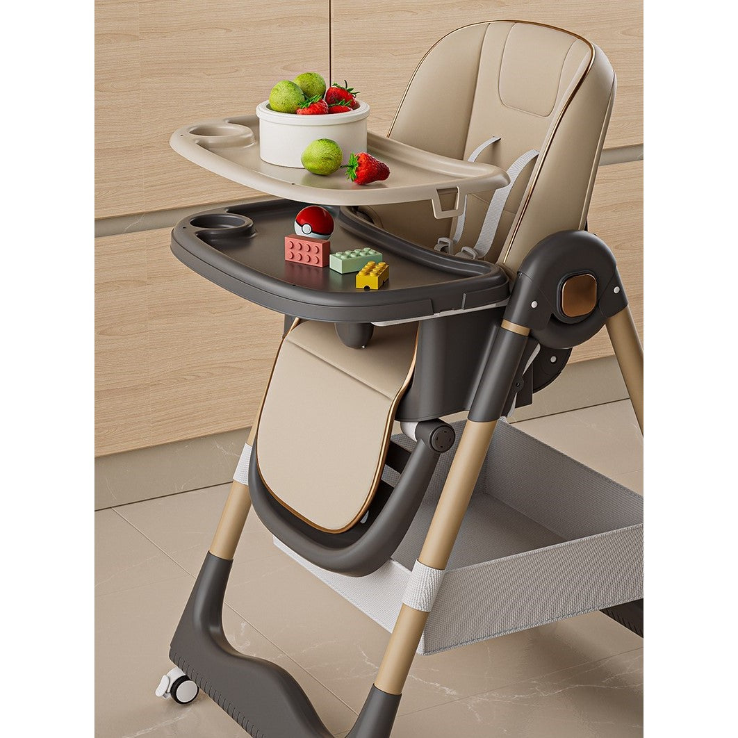 Scaun de Masa pentru Bebelusi si Copii, Multifunctional 3 in 1, Pliabil, Inaltime Ajustabila in 8 Trepte, Spatar Reglabil, 2 Tavite Detasabile, Centura in 5 Puncte, Cos Depozitare, Roti cu Blocare, Crem