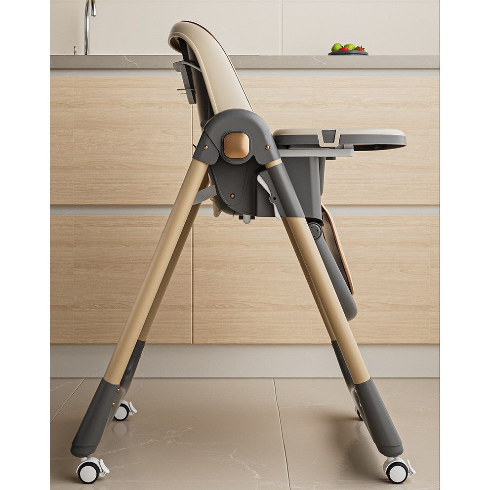Scaun de Masa pentru Bebelusi si Copii, Multifunctional 3 in 1, Pliabil, Inaltime Ajustabila in 8 Trepte, Spatar Reglabil, 2 Tavite Detasabile, Centura in 5 Puncte, Cos Depozitare, Roti cu Blocare, Crem