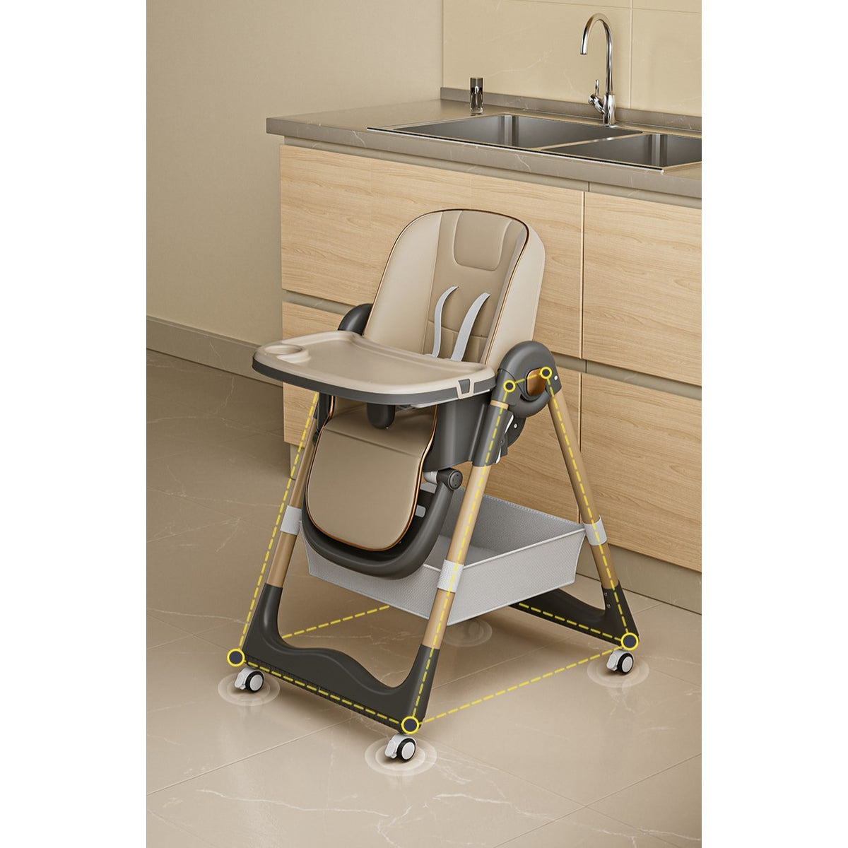 Scaun de Masa pentru Bebelusi si Copii, Multifunctional 3 in 1, Pliabil, Inaltime Ajustabila in 8 Trepte, Spatar Reglabil, 2 Tavite Detasabile, Centura in 5 Puncte, Cos Depozitare, Roti cu Blocare, Crem