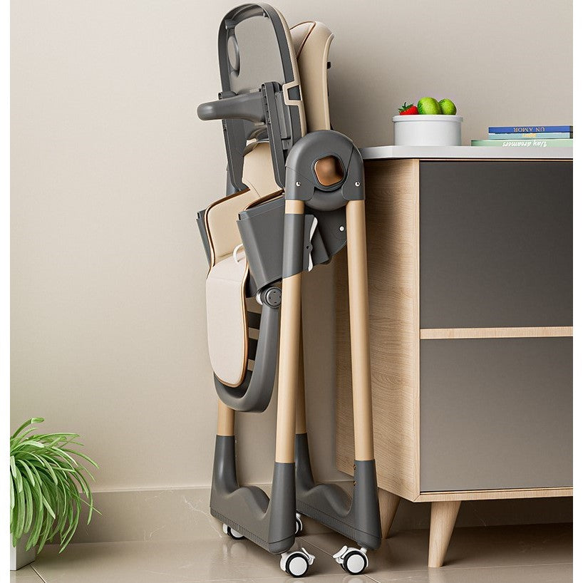 Scaun de Masa pentru Bebelusi si Copii, Multifunctional 3 in 1, Pliabil, Inaltime Ajustabila in 8 Trepte, Spatar Reglabil, 2 Tavite Detasabile, Centura in 5 Puncte, Cos Depozitare, Roti cu Blocare, Crem