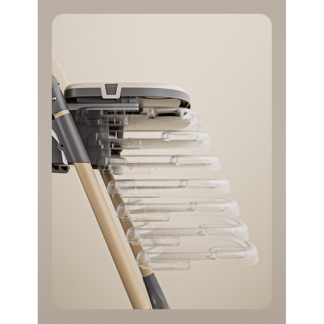 Scaun de Masa pentru Bebelusi si Copii, Multifunctional 3 in 1, Pliabil, Inaltime Ajustabila in 8 Trepte, Spatar Reglabil, 2 Tavite Detasabile, Centura in 5 Puncte, Cos Depozitare, Roti cu Blocare, Crem