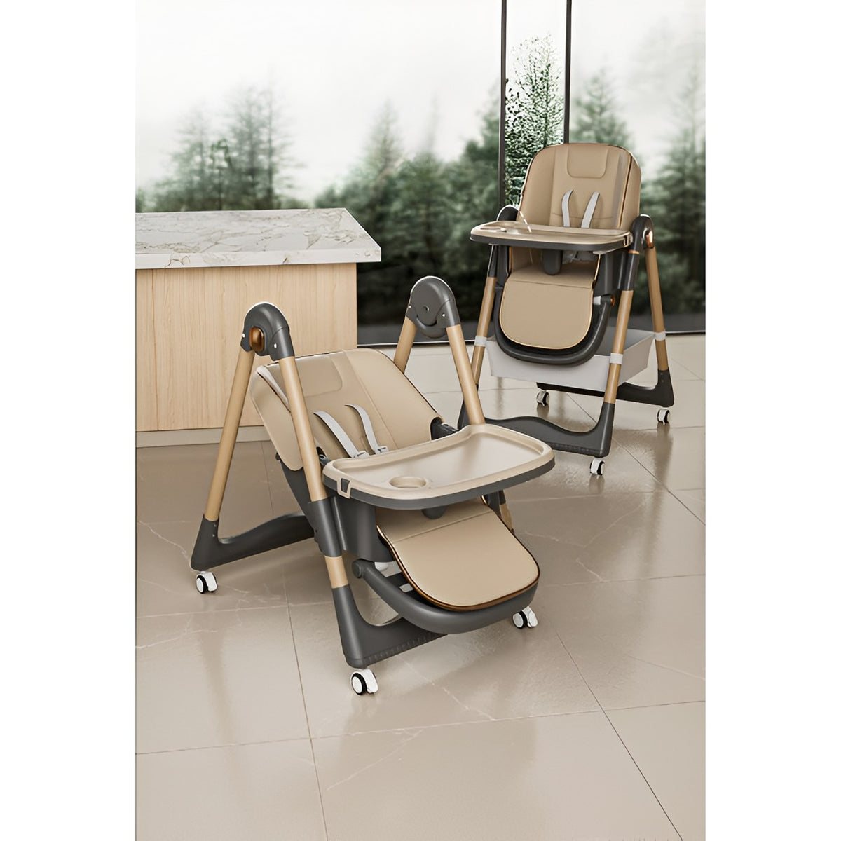 Scaun de Masa pentru Bebelusi si Copii, Multifunctional 3 in 1, Pliabil, Inaltime Ajustabila in 8 Trepte, Spatar Reglabil, 2 Tavite Detasabile, Centura in 5 Puncte, Cos Depozitare, Roti cu Blocare, Crem