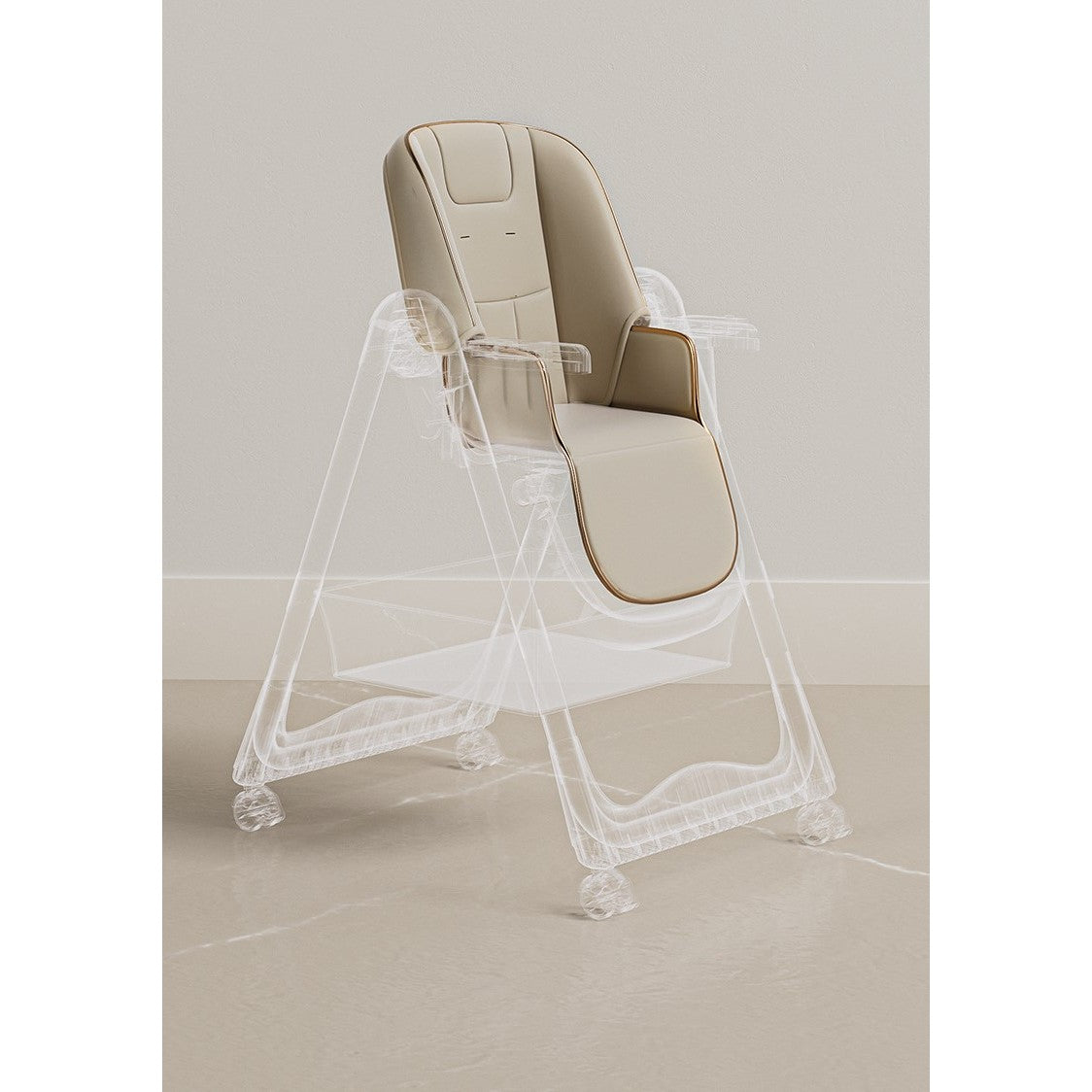 Scaun de Masa pentru Bebelusi si Copii, Multifunctional 3 in 1, Pliabil, Inaltime Ajustabila in 8 Trepte, Spatar Reglabil, 2 Tavite Detasabile, Centura in 5 Puncte, Cos Depozitare, Roti cu Blocare, Crem