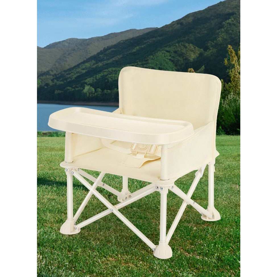 Scaun de Masa Portabil pentru Bebelusi si Copii, Inaltator Multifunctional Pliabil cu Umbrela, Tavita Detasabila si Centura Siguranta, Otel si Material Oxford, Bej si Roz, 6 Luni - 4 Ani