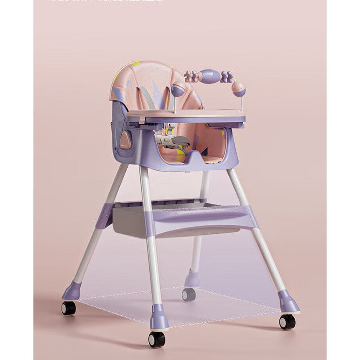 Scaun de Masa Multifunctional 3 in 1 pentru Bebelusi si Copii, Balansoar, Spatar Reglabil si 2 Tavite Detasabile, Cadru Otel cu Roti si Cos Depozitare, 97x73x65 cm, Mov
