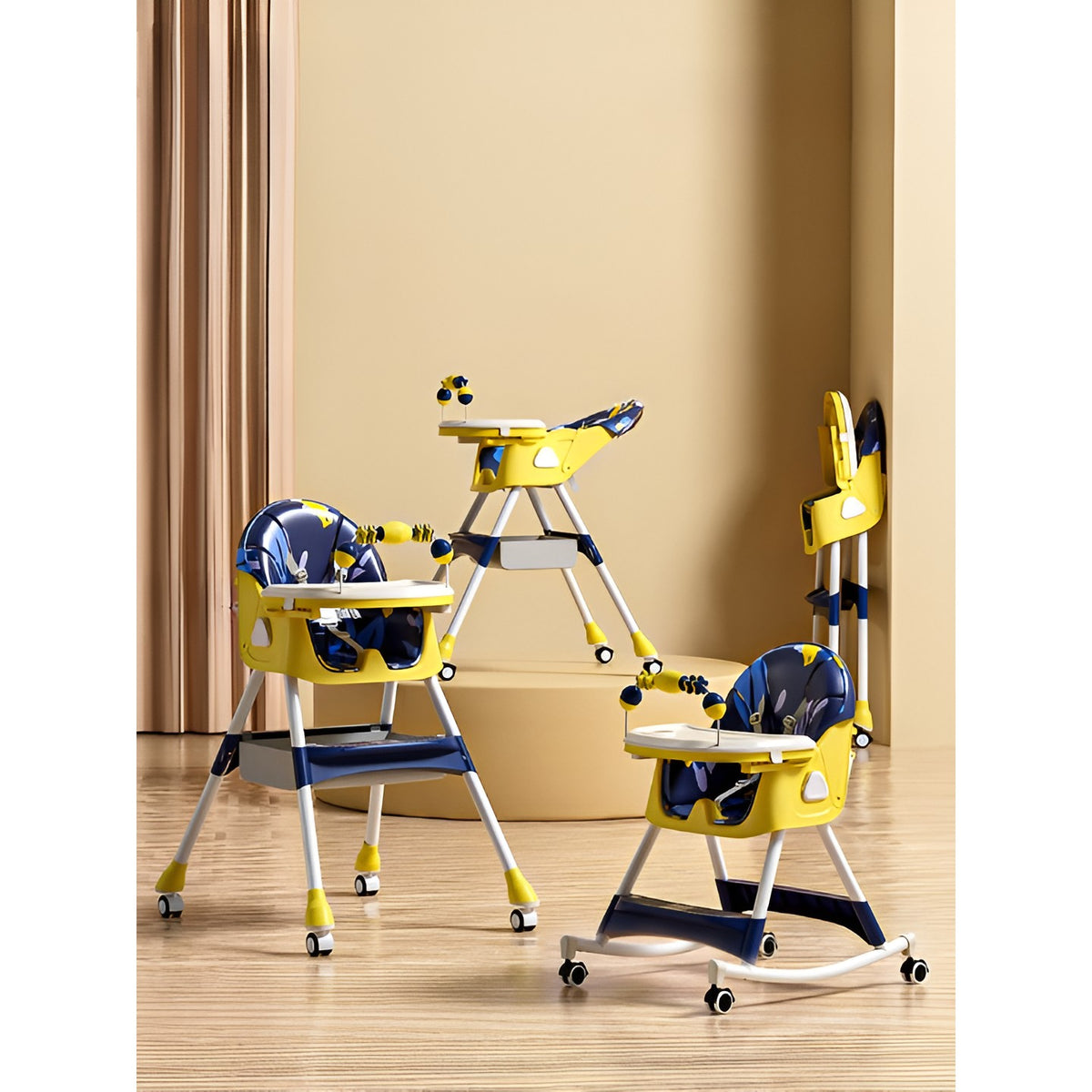 Scaun de Masa Multifunctional 3 in 1 pentru Bebelusi, Functie Balansoar, Spatar Reglabil, Pliabil, 2 Tavite si Rotile, 5 Puncte Siguranta, Otel si Plastic, 97x73x65 cm, Galben