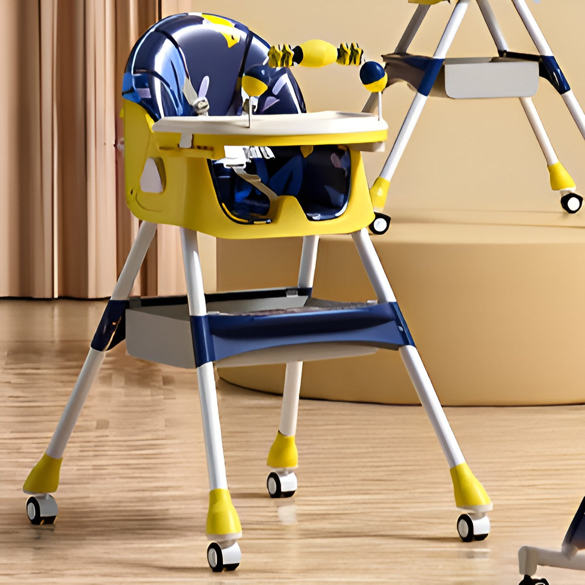 Scaun de Masa Multifunctional 3 in 1 pentru Bebelusi, Functie Balansoar, Spatar Reglabil, Pliabil, 2 Tavite si Rotile, 5 Puncte Siguranta, Otel si Plastic, 97x73x65 cm, Galben