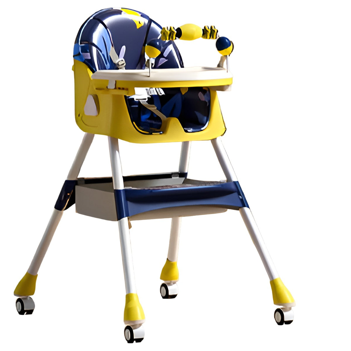 Scaun de Masa Multifunctional 3 in 1 pentru Bebelusi, Functie Balansoar, Spatar Reglabil, Pliabil, 2 Tavite si Rotile, 5 Puncte Siguranta, Otel si Plastic, 97x73x65 cm, Galben
