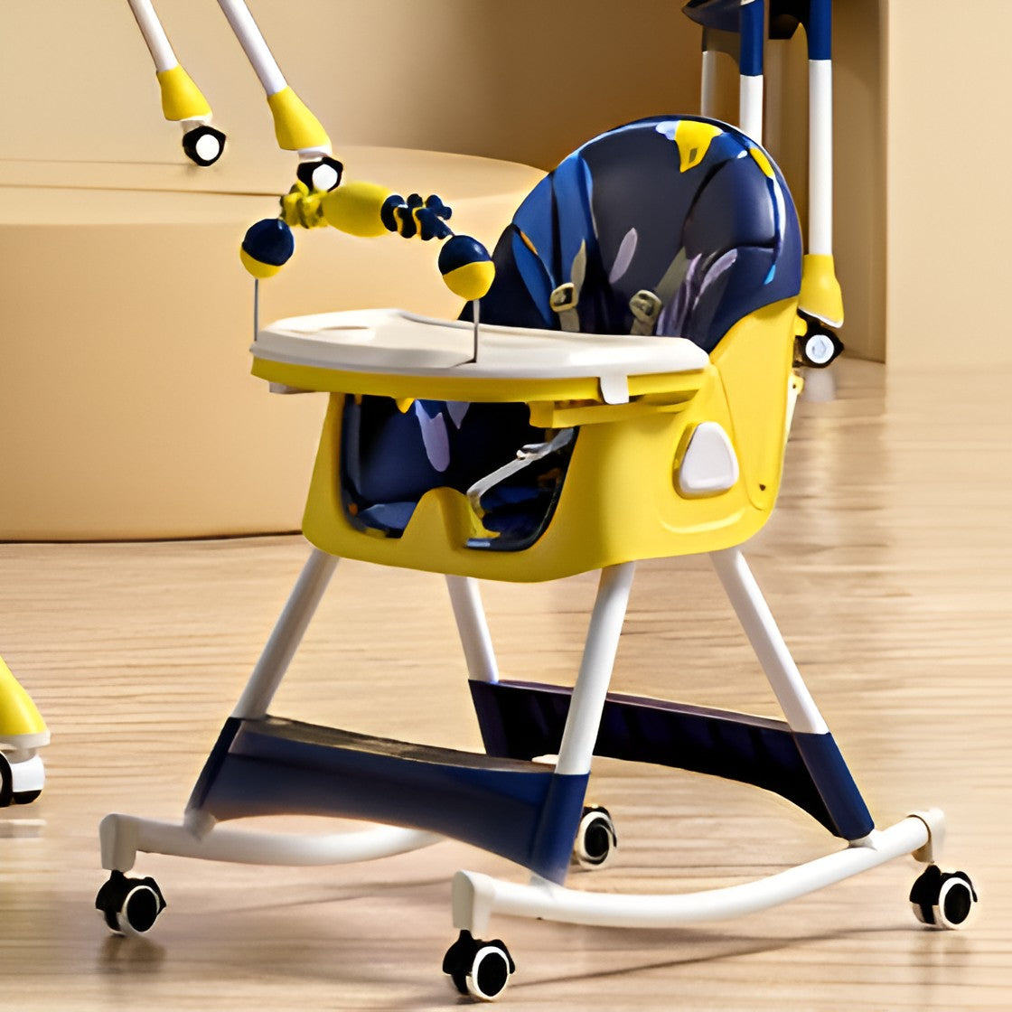 Scaun de Masa Multifunctional 3 in 1 pentru Bebelusi, Functie Balansoar, Spatar Reglabil, Pliabil, 2 Tavite si Rotile, 5 Puncte Siguranta, Otel si Plastic, 97x73x65 cm, Galben