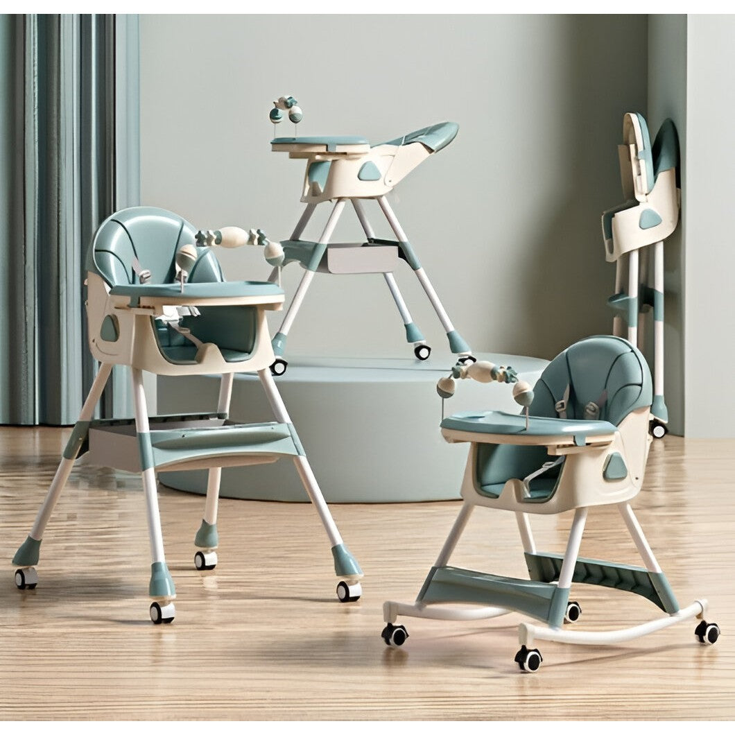 Scaun de Masa pentru Bebelusi si Copii 3 in 1, Multifunctional, Functie Balansoar si Roti, Spatar Reglabil in 4 Trepte, Centura de Siguranta in 5 Puncte, 2 Tavite, Cos Depozitare, 97x73x65cm, Turcoaz