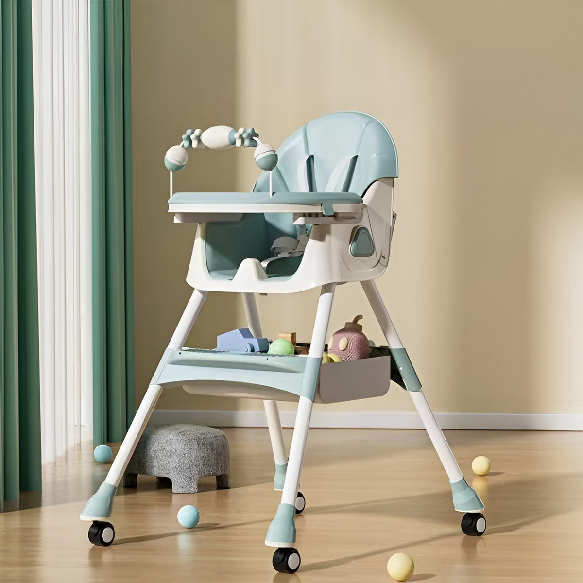 Scaun de Masa pentru Bebelusi si Copii 3 in 1, Multifunctional, Functie Balansoar si Roti, Spatar Reglabil in 4 Trepte, Centura de Siguranta in 5 Puncte, 2 Tavite, Cos Depozitare, 97x73x65cm, Turcoaz