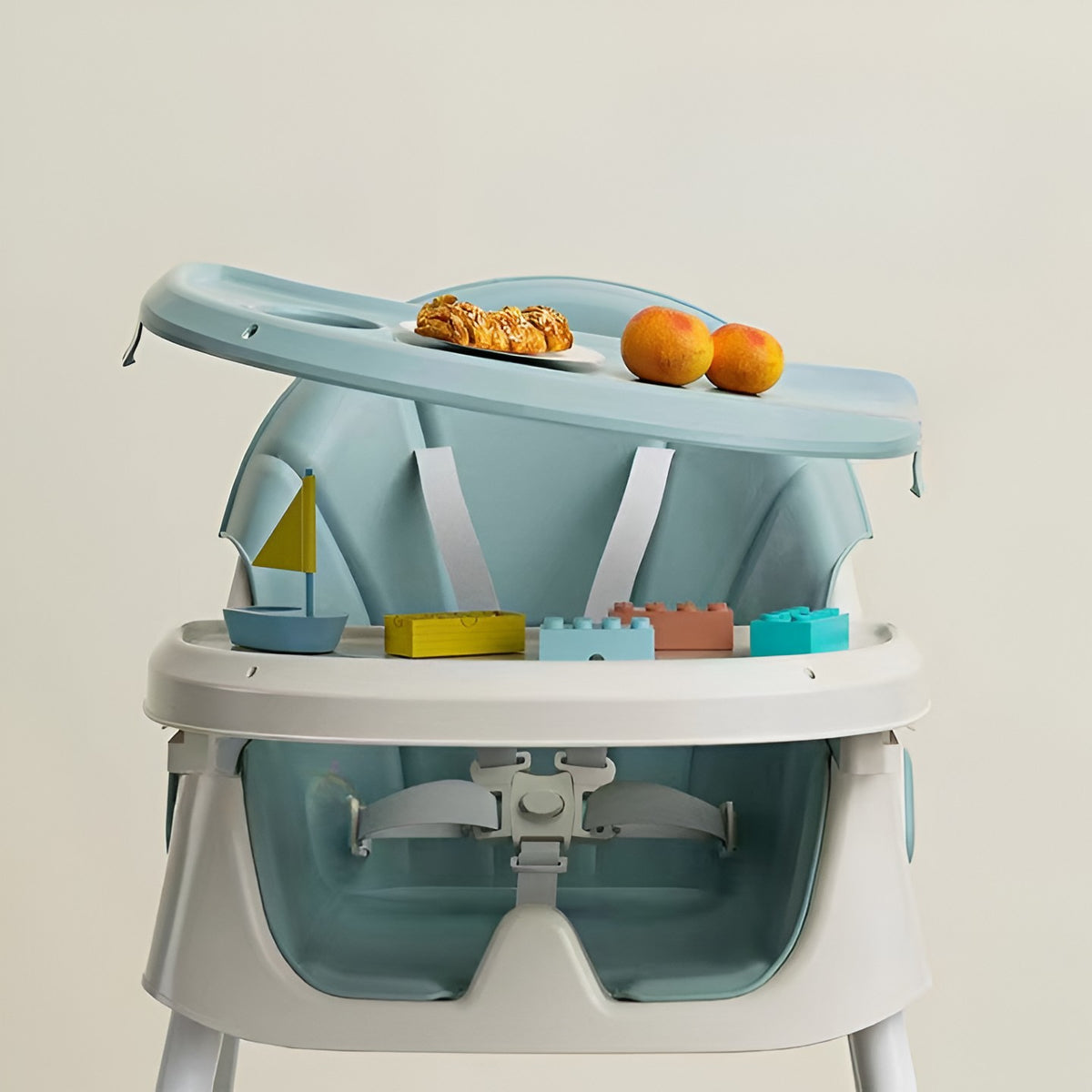 Scaun de Masa pentru Bebelusi si Copii 3 in 1, Multifunctional, Functie Balansoar si Roti, Spatar Reglabil in 4 Trepte, Centura de Siguranta in 5 Puncte, 2 Tavite, Cos Depozitare, 97x73x65cm, Turcoaz