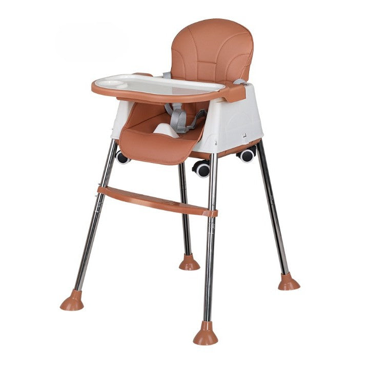 Scaun de Masa Pliabil 3in1 pentru Bebelusi, Multifunctional cu 4 Trepte de Inaltime, Roti si Tavita Detasabila, Cadru Aluminiu si Husa PU, Maro