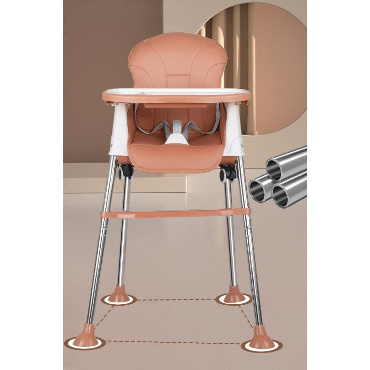 Scaun de Masa Pliabil 3in1 pentru Bebelusi, Multifunctional cu 4 Trepte de Inaltime, Roti si Tavita Detasabila, Cadru Aluminiu si Husa PU, Maro