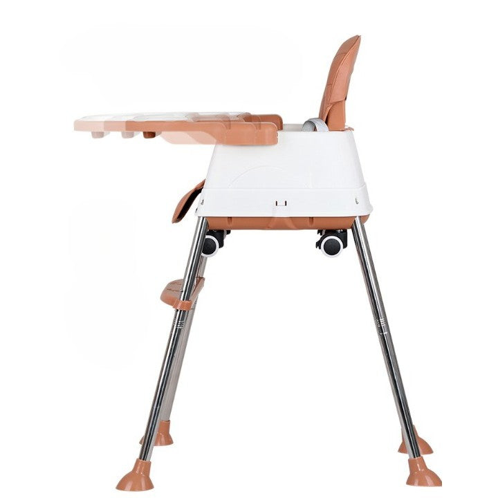 Scaun de Masa Pliabil 3in1 pentru Bebelusi, Multifunctional cu 4 Trepte de Inaltime, Roti si Tavita Detasabila, Cadru Aluminiu si Husa PU, Maro