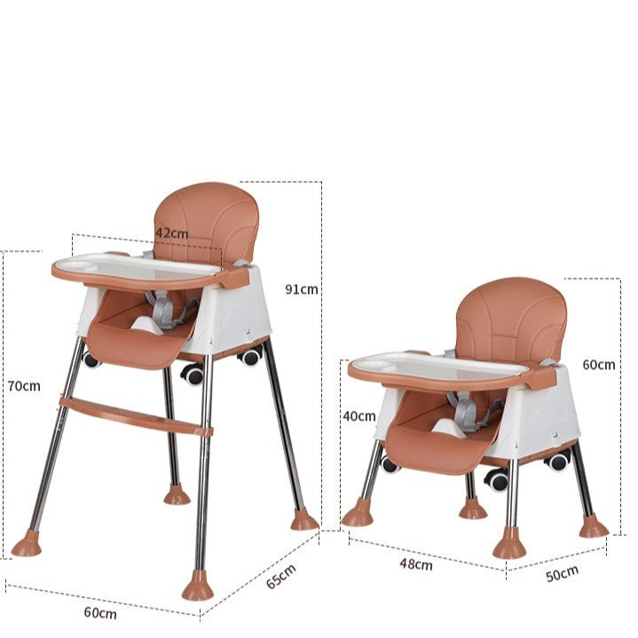 Scaun de Masa Pliabil 3in1 pentru Bebelusi, Multifunctional cu 4 Trepte de Inaltime, Roti si Tavita Detasabila, Cadru Aluminiu si Husa PU, Maro