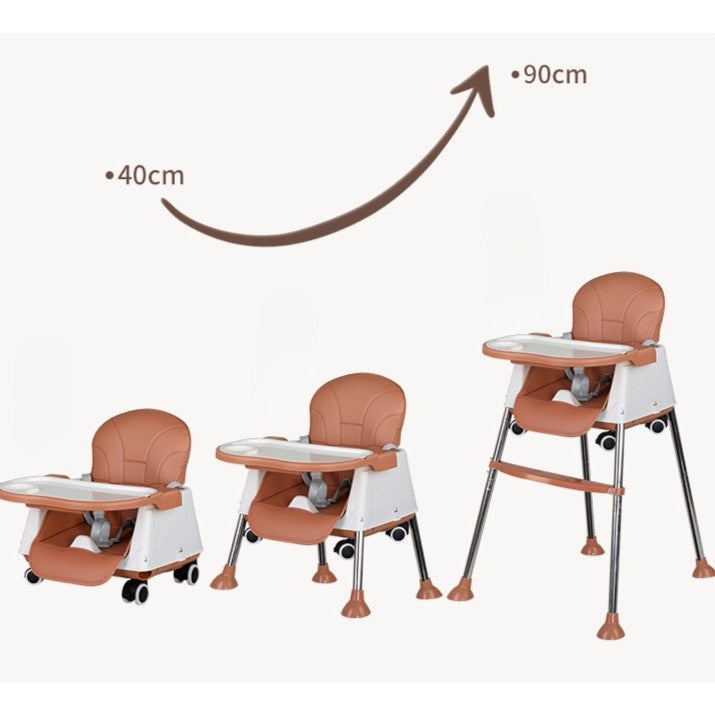 Scaun de Masa Pliabil 3in1 pentru Bebelusi, Multifunctional cu 4 Trepte de Inaltime, Roti si Tavita Detasabila, Cadru Aluminiu si Husa PU, Maro