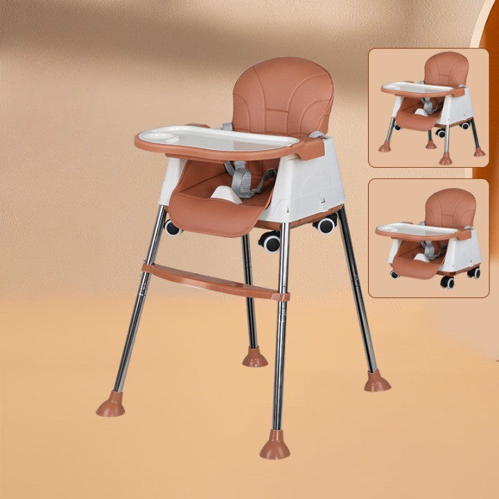 Scaun de Masa Pliabil 3in1 pentru Bebelusi, Multifunctional cu 4 Trepte de Inaltime, Roti si Tavita Detasabila, Cadru Aluminiu si Husa PU, Maro