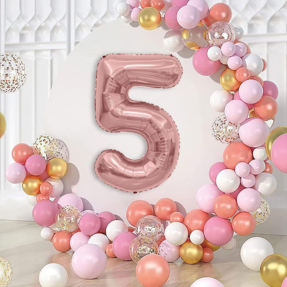 Balon Aniversar Cifra 5, Figurina Gigant din Folie Metalizata, Umflare Aer sau Heliu, Inclus Pai, 100 cm, Roz Rose Metalizat
