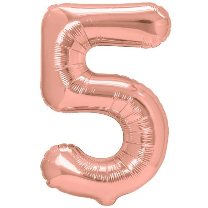 Balon Aniversar Cifra 5, Figurina Gigant din Folie Metalizata, Umflare Aer sau Heliu, Inclus Pai, 100 cm, Roz Rose Metalizat