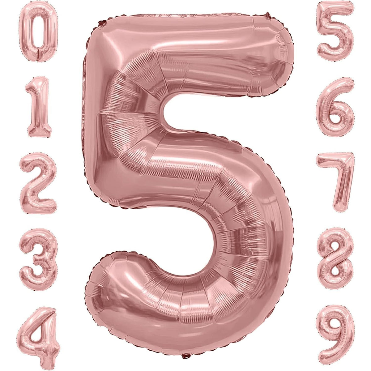 Balon Aniversar Cifra 5, Figurina Gigant din Folie Metalizata, Umflare Aer sau Heliu, Inclus Pai, 100 cm, Roz Rose Metalizat